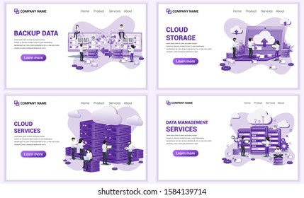 Set of web page design templates for backup data, cloud storage and services. Can use for web banner, poster, infographics, landing page, web template. Flat vector illustration