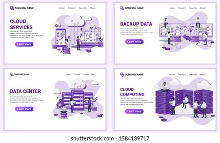 Set of web page design templates for backup data, cloud computing, data center. Can use for web banner, poster, infographics, landing page, web template. Flat vector illustration