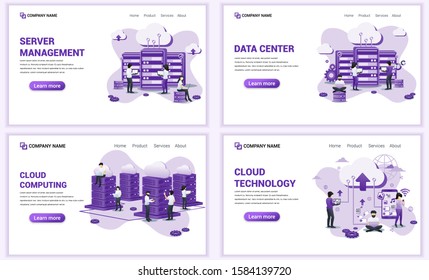 Set of web page design templates for cloud technology, data center and server management. Can use for web banner, poster, infographics, landing page, web template. Flat vector illustration