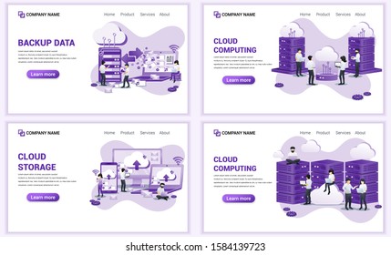 Set of web page design templates for backup data, cloud computing. Can use for web banner, poster, infographics, landing page, web template. Flat vector illustration