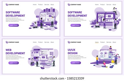 Set of web page design templates for software development and web development. Can use for web banner, poster, infographics, landing page, web template. Flat vector illustration