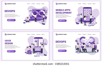 Set of web page design templates for mobile app programmers and development. Can use for web banner, poster, infographics, landing page, web template. Flat vector illustration