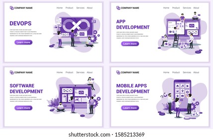Set of web page design templates for software app development. Can use for web banner, poster, infographics, landing page, web template. Flat vector illustration