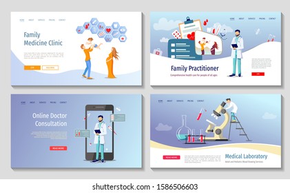 Set of web page design templates for Laboratory diagnostic, Family doctor, Online doctor consultation, Medicine clinic and health care. Vector illustration for poster, banner, website, presentation.