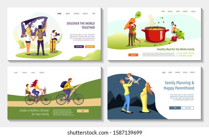 Set of web page design templates for Healthy eating, Happy family, healthy lifestyle, family planning, travel. Vector illustration in a flat style for poster, banner, website, presentation.