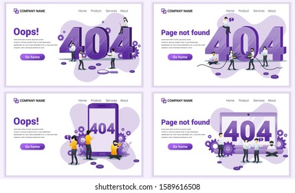 Set of web page design templates for 404 error page not found concept. Can use for web banner, poster, infographics, landing page, web template. Flat vector illustration