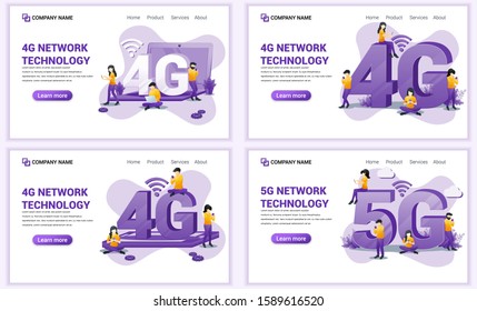 Set of web page design templates for 4G network technology, Internet systems telecommunication. Can use for web banner, poster, infographics, landing page, web template. Flat vector illustration