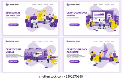 Set of web page design templates for block chain and Cryptocurrency concept. Can use for web banner, poster, infographics, landing page, web template. Flat vector illustration