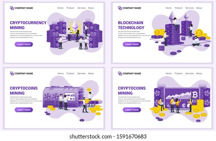 Set of web page design templates for block chain and Cryptocurrency concept. Can use for web banner, poster, infographics, landing page, web template. Flat vector illustration