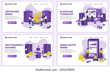 Set of web page design templates for block chain and Cryptocurrency concept. Can use for web banner, poster, infographics, landing page, web template. Flat vector illustration