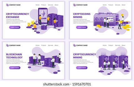 Set of web page design templates for block chain and Cryptocurrency concept. Can use for web banner, poster, infographics, landing page, web template. Flat vector illustration