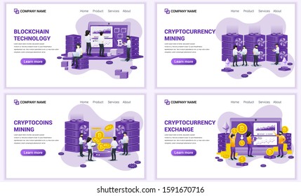 Set of web page design templates for block chain and Cryptocurrency concept. Can use for web banner, poster, infographics, landing page, web template. Flat vector illustration