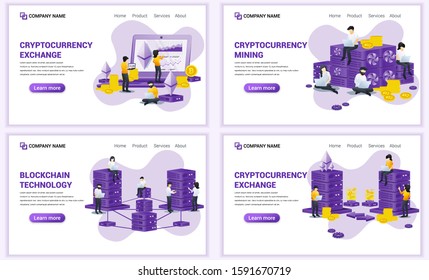 Set of web page design templates for block chain and Cryptocurrency concept. Can use for web banner, poster, infographics, landing page, web template. Flat vector illustration