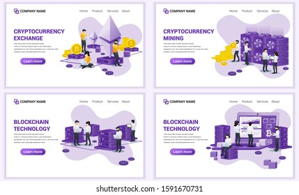 Set of web page design templates for block chain and Cryptocurrency concept. Can use for web banner, poster, infographics, landing page, web template. Flat vector illustration