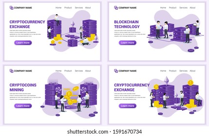 Set of web page design templates for block chain and Cryptocurrency concept. Can use for web banner, poster, infographics, landing page, web template. Flat vector illustration