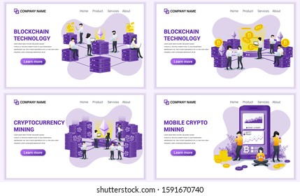 Set of web page design templates for block chain and Cryptocurrency concept. Can use for web banner, poster, infographics, landing page, web template. Flat vector illustration