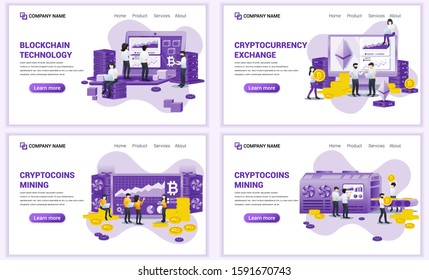 Set of web page design templates for block chain and Cryptocurrency concept. Can use for web banner, poster, infographics, landing page, web template. Flat vector illustration