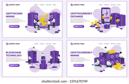 Set of web page design templates for block chain and Cryptocurrency concept. Can use for web banner, poster, infographics, landing page, web template. Flat vector illustration