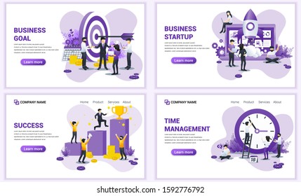 Set of web page design templates for business target, start up and time management. Can use for web banner, poster, infographics, landing page, web template. Flat vector illustration