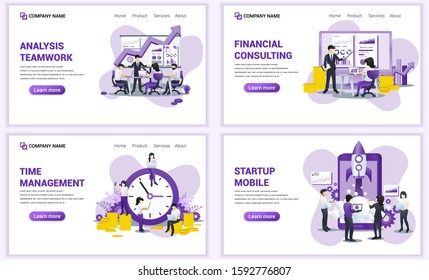 Set of web page design templates for analysis, financial consulting, startup and time management. Can use for web banner, poster, infographics, landing page, web template. Flat vector illustration