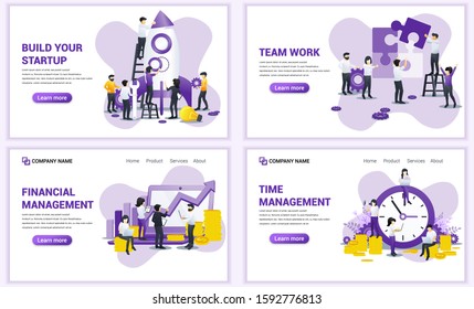 Set of web page design templates for business start up, team work and time management. Can use for web banner, poster, infographics, landing page, web template. Flat vector illustration