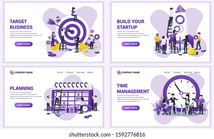 Set of web page design templates for target business, start up, planning, time management. Can use for web banner, poster, infographics, landing page, web template. Flat vector illustration