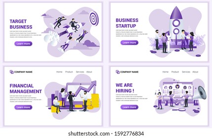 Set of web page design templates for target business, startup, financial and hiring concept. Can use for web banner, poster, infographics, landing page, web template. Flat vector illustration