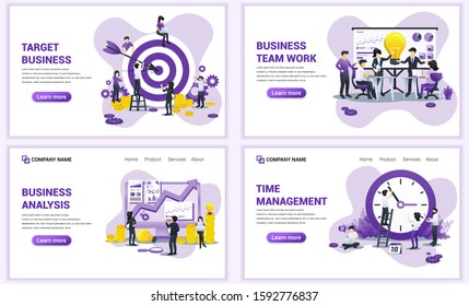 Set of web page design templates for target business, analysis and time management. Can use for web banner, poster, infographics, landing page, web template. Flat vector illustration