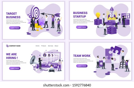 Set of web page design templates for target business, start up, hiring and team work. Can use for web banner, poster, infographics, landing page, web template. Flat vector illustration