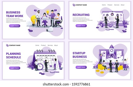 Set of web page design templates for team work, start up, recruiting and planning schedule. Can use for web banner, poster, infographics, landing page, web template. Flat vector illustration