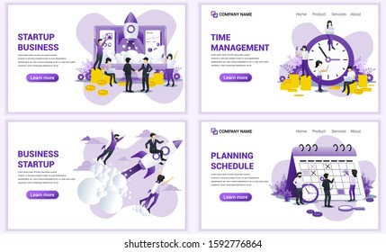Set of web page design templates for business start up, time management, planning schedule. Can use for web banner, poster, infographics, landing page, web template. Flat vector illustration