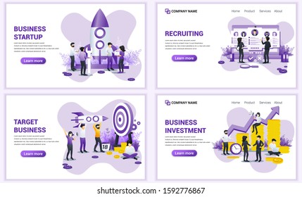Set of web page design templates for start up business, investment and recruiting. Can use for web banner, poster, infographics, landing page, web template. Flat vector illustration