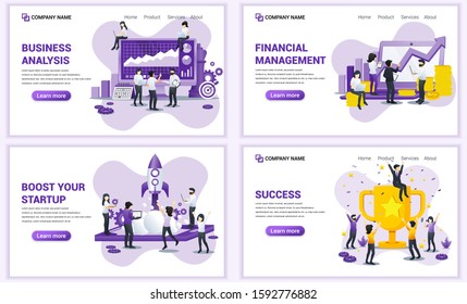 Set of web page design templates for start up, analysis, financial management. Can use for web banner, poster, infographics, landing page, web template. Flat vector illustration