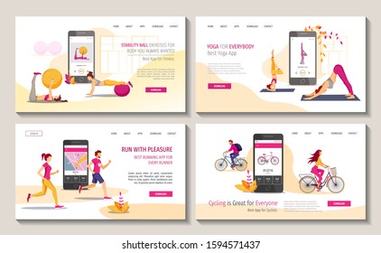 Set of web page design templates for Mobile Apps for Fitness, Yoga, Cycling, Running, Sport, Healthy Lifestyle. Vector illustration for poster, banner, website, commercial, presentation.