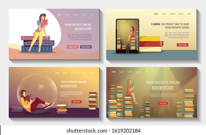 Set of web page design templates for Book lovers, E-book, Reader, Bookstore. Stacks of books and reading women. Vector illustration can be used for website, commercial, advertisement, banner, poster.