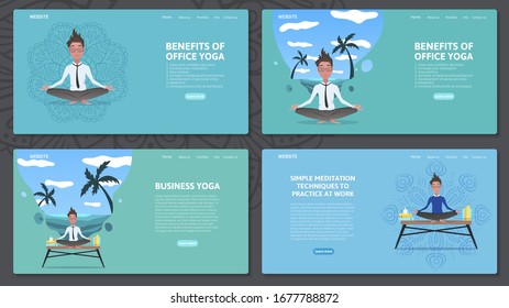 Set of web page design templates with yoga and meditation at job. Businessman relaxing in lotus position with handdrawn mandala and sea beach on the background. Vector flat cartoon illustration