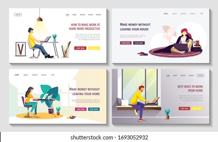 Set of web page design templates for Work at home, Freelance, Home office, Remote job, Online education, E-learning. Vector illustrations for poster, banner, website, flyer, presentation.