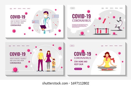 Set of web page design templates for Coronavirus, Epidemic, Medicine, Health care, Quarantine, Immunity, Vaccination. Vector illustrations for posters, banners, website, covers.