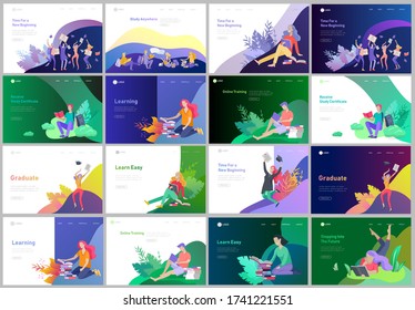 Set of web page design templates with relaxed learning people outdoor and graduate for online education, training and courses. Modern vector illustration concepts for website