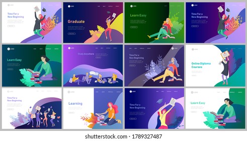 Set of web page design templates with relaxed learning people outdoor and graduate for online education, training and courses. Modern vector illustration concepts for website