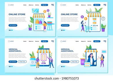 Conjunto de plantillas de diseño de páginas web para Tienda en línea y Asistencia médica. Conceptos modernos de ilustración vectorial para el desarrollo de sitios web y sitios web móviles.