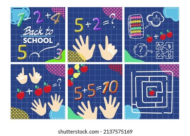 Set of web page design templates for mental math school, math course, creative kids. Finger counting. Math. Fruit counting. Modern design vector illustration concept for website development .