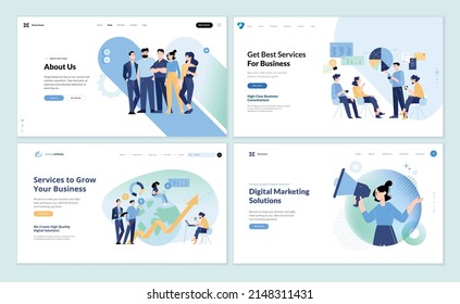 Set of web page design templates of business services, about us, strategy, planning, data analytics, market research, digital marketing, social media. Vector illustrations for web development.