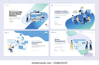 Conjunto de plantillas de diseño de páginas web de diseño y desarrollo de sitios web, diseño receptivo, administración de negocios, análisis de datos, administración de eventos. Ilustraciones vectoriales para el desarrollo web.