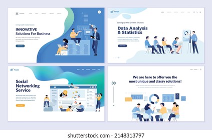 Conjunto de plantillas de diseño de páginas web de redes sociales, investigación de mercado y análisis de datos, negocios y marketing. Ilustraciones vectoriales para el desarrollo web.