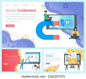 Set of web page design templates for consumer demand anaysis, getting feedback and customer attraction. People work with marketing, sales website optimization. Colleagues analyze customer base