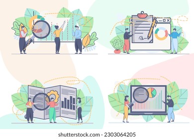 Set of web page design templates for Data analysis, business analytics. Online financial data analysis web page composition with people characters. Modern vector illustration concepts