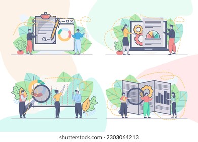 Conjunto de plantillas de diseño de páginas web para análisis de datos, análisis de negocios. Composición de páginas web de análisis de datos financieros en línea con caracteres de personas. Conceptos de ilustración vectorial moderna
