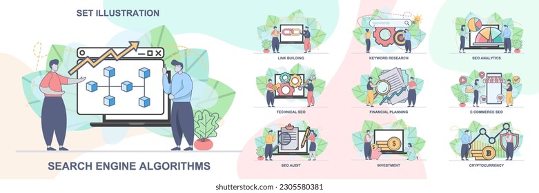 Set of web page design templates for SEO business, SEO Analytics. Technical SEO, SEO Audit web page composition with people characters. Modern vector illustration concepts