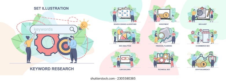 Set of web page design templates for SEO business, SEO Analytics. Technical SEO, SEO Audit web page composition with people characters. Modern vector illustration concepts